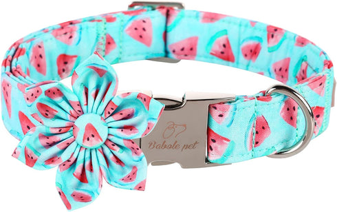 Dog Collar with Blue Watermelon Flower Tie,Cotton Dog Collar with Safety Metal Buckle Adjustable Puppy Collars for Small Medium Large Boy&Girl Dog...