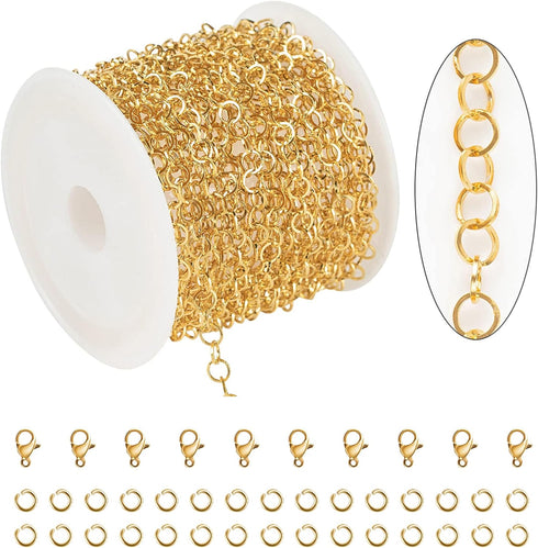 KYUNHOO 16.4 Feet Gold Plated Stainless Steel Jewelry Making Chains 4mm Circle Link Chain Bulk for Women Bracelet Necklace DIY Crafts Jewelry Supp...