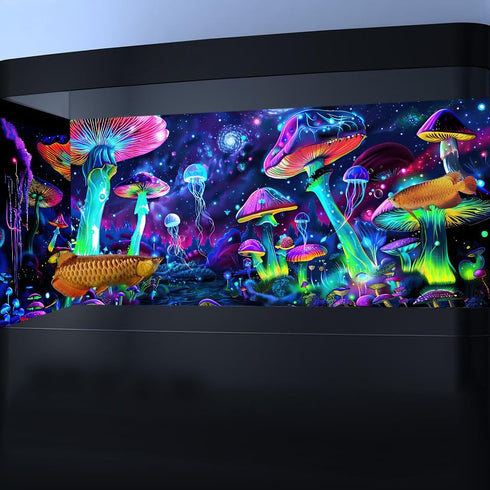48X24IN Blacklight Aquarium Background UV Reactive Mushroom Background Starry Sky Terrarium Background with 10 EVA Double-Sided Tape...