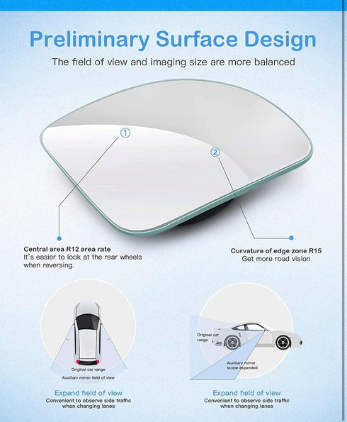 Car Blind Spot Mirror by 3R - Change Lanes w Confidence, Frameless HD Convex Glass, Seamlessly Contours to Rear View Side Mirrors, Peel & Stick (2...