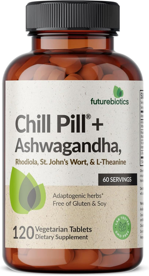 Futurebiotics Chill Pill + Ashwagandha, Rhodiola, St. John’s Wort, & L-Theanine 2000 MG per Serving - Non-GMO, 120 Vegetarian Tablets...