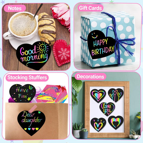 ZMLM Rainbow Scratch Art Party Favors - 160 Mini Heart Scratch Art Note Pads Craft Art Paper for Kids DIY Cards - Black Scratch Art Supplies Birth...
