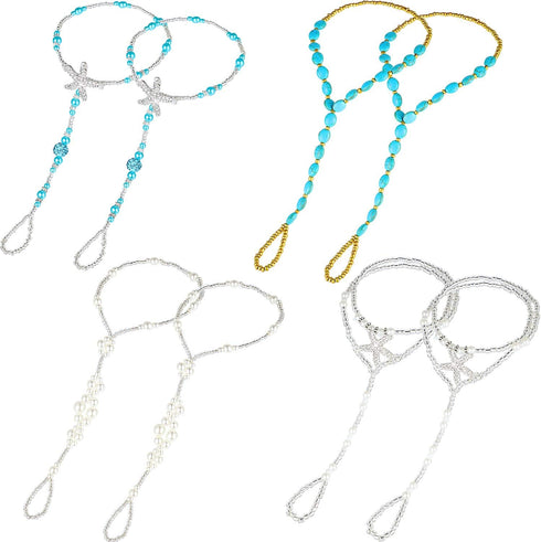 Yaomiao 4 Pairs Foot Jewelry Sandals Anklet Toe Rings Barefoot Chains Starfish Pearls Turquoise Beaded Elastic for Women Wedding Beach Wearing...