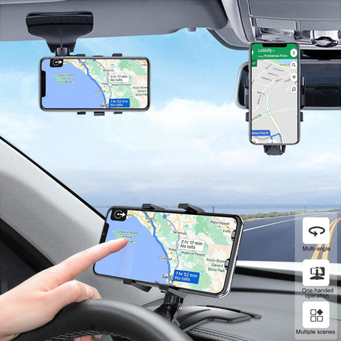Car Phone Holder, Multifunction Car Dashboard Holder Rearview Mirror with 360 ° Adjustable Spring Clip, Suitable for 3 to 7 Inch Smartphones (Cent...