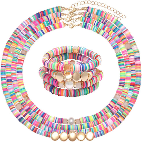 ARATLENCH Heishi Surfer Necklaces Bracelets –Colorful Vinyl Disc Beads Love Necklace Boho Rainbow Stack Stretch Friendship Bracelet Necklaces Set ...