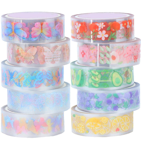 10 Rolls Waterproof Plastic Tape Cute 15mm Wide Self-Adhesive Tape Butterfly and Fruits Pattern Masking Clear Printed Sticker Lovely Gift for Scra...