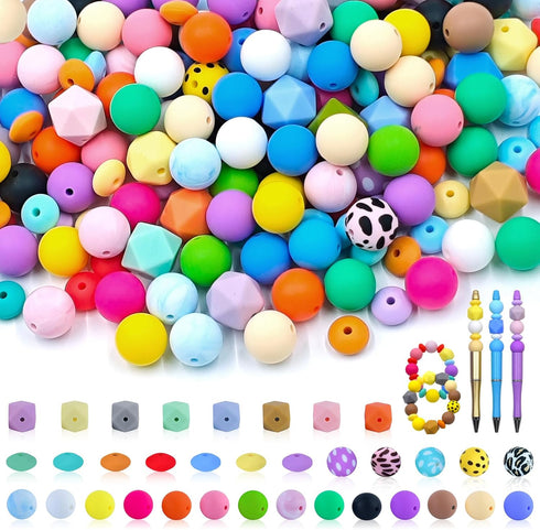 203 Pieces Silicone Bead Kit - DIY Focal Beads for Pens Making Bulk - Pen Beads for Beadable Pens & Keychains Making - Loose Round Beads Bulk for ...