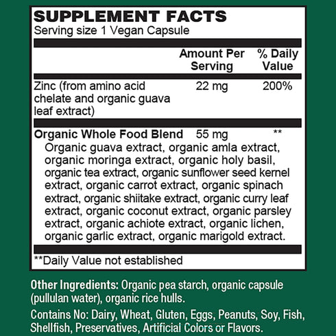 PlantFusion Vegan Zinc Supplements 22 mg – Wholefood Complex, Chelated Zinc Citrate from Organic Guava Leaf for Immune Support, 60 Capsules...