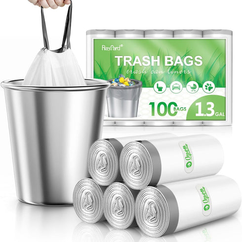 1.3 Gallon 100 Counts (fit 1.3-1.5 Gal) Mini Drawstring Trash Bags Garbage Bags by RayPard, 4-5L Small Plastic Trash Can Liner fit 1,1.2-1.5 Gal W...