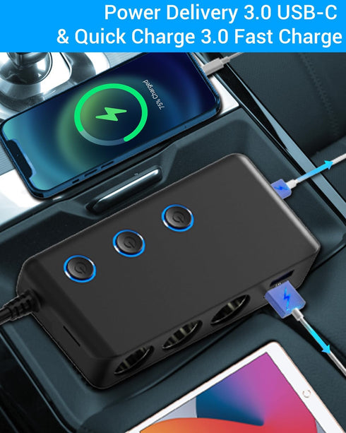 Car Charger Splitter 200W, Qidoe 3 Socket Cigarette Lighter Adapter with PD30W USB-C & QC3.0 Multi USB Car Charger DC Outlet Cigarette Splitter Po...