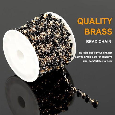 KYUNHOO 16.4 Feet Black Beaded Chain for Jewelry Making Gold Plated Brass Rosary Chain on Spool with Lobster Claps and Jump Rings for Women Neckla...