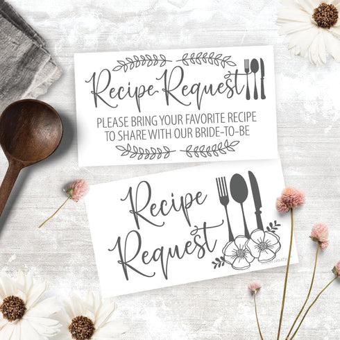 50 Bridal Shower Recipe Request Cards - Laurel and Utensil Silhouette Design - Invitation Inserts...