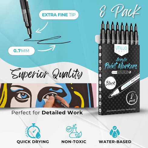 Utillo Craft Black Extra Fine Paint Pens (8-Pack) - 0.7mm Precision-Manufactured Japanese Tip - Quick-Drying, Permanent, Waterproof - For Stone, W...