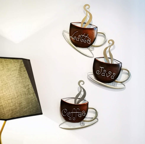 Aayla Metal Coffee Cup Wall Hanging Sculpture, for Home Kitchen Restaurants and Coffee Shops, in Metal with Brown and Champagne Color (15.75" H La...