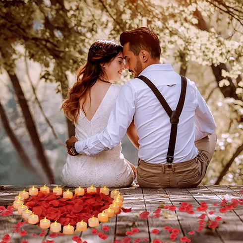 LANKER 500 PCS Red Artificial Rose Petals with 24 PCS Flickering Amber Yellow Flameless Tea Lights Candles for Valentine's Day and Romantic Occasi...
