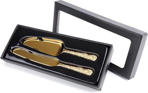 Dicunoy 2 PCS Gold Cake Knife and Server Set, Wedding Cake Cutting Utensils, Vintage Engraved Cake Cutter and Serving Spatula for Birthday, Party,...