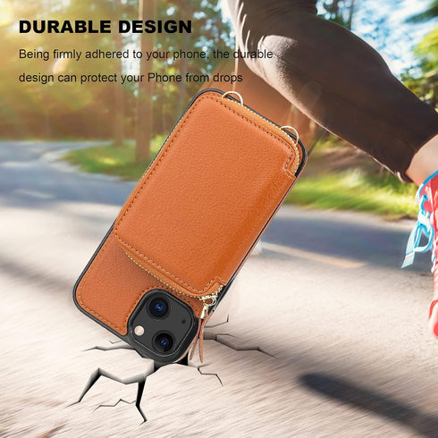 Bocasal RFID Blocking Wallet Case for iPhone 14 iPhone 13, Adjustable Crossbody Zipper Purse Case Card Holder with Kickstand Detachable Wrist Stra...