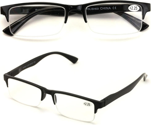 2 Pairs Rectangular Half Rim Reading Glasses - Simple Classic Reader (Black, 1.50)...