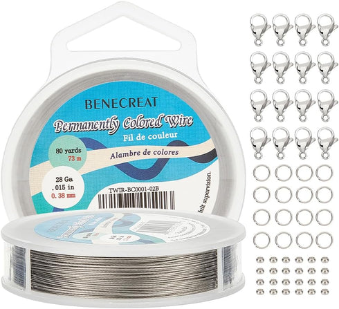 BENECREAT 240-Feet 0.015inch/0.38mm Stainless Steel 7-Strand Beading Wire with 200pcs Jump Rings, 50pcs Crimp Beads and 30pcs Lobster Claw Clasps ...