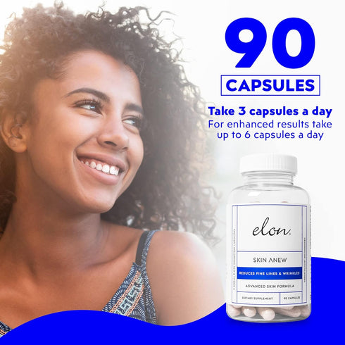Elon Skin Anew with Hydrolyzed Collagen & Hyaluronic Acid & Antioxidants | Hydrating & Anti Aging Skin Supplement for Vibrant Skin Health (90 caps...