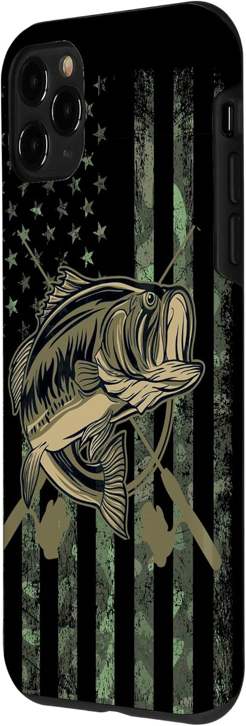 Camo American Flag Bass Fishing Gift Love Fishing Fisherman Case for iPhone 11 Pro...