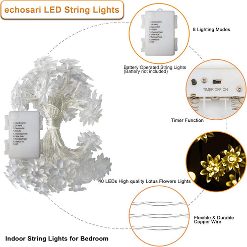 echosari Flower String Lights Battery Operated, 158" Lotus Flower Fairy Lights with Auto Timer 8 Modes, Soft Rubber Flowers String Lights Waterpro...