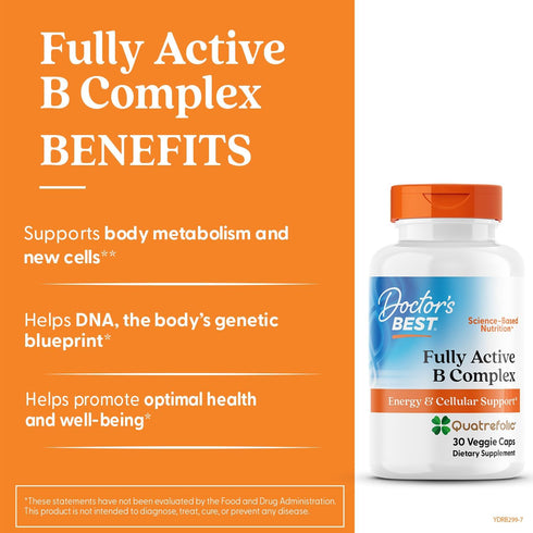Doctors Best Fully Active B Complex, Energy & Cellular Support, Non-GMO, Gluten Free, Soy Free, Vegan 30 Veggie Caps...