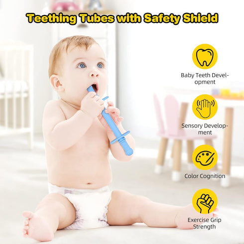 Fu Store Hollow Teether Tube with Safety Shield, 5 Pack Chew Straw Toy for Infant Toddlers Silicone Teething Toys for Babies 3-12 Months BPA Free/...