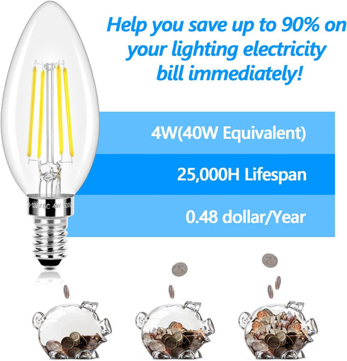 LED Candle Bulbs 40W Equivalent, E12 Candelabra Light Bulbs 4W 470Lm Clear Edison LED Bulbs, Daylight White 5000K Classic Bright Filament Bulbs, N...