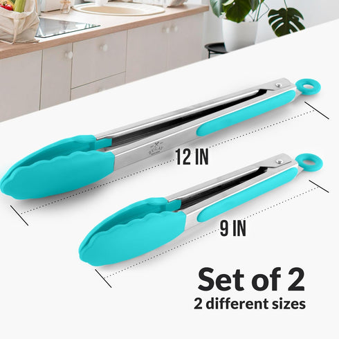 Zulay Stainless Steel Kitchen Tongs with Silicone Tips - Set of 2 (9” & 12”) Locking Cooking Tongs with Non-Slip Grip - Heat Resistant, BBQ Food T...