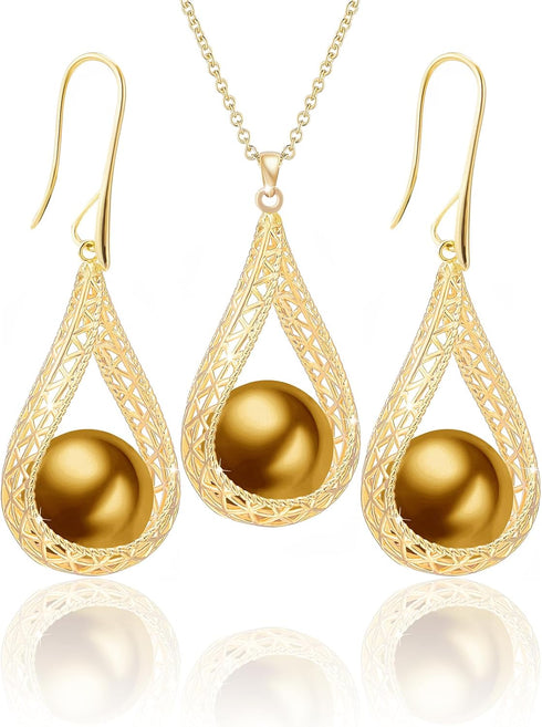 14MM Big Pearl Necklace and Earring Sets for Women Glod Plated Jewelry Set...