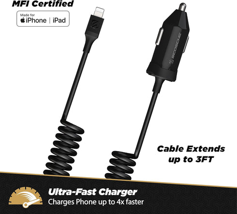 Scosche CPDi4203 PowerVolt 20-Watt MFi Certified Fast Car Charger Power Delivery 3.0 with Attached 4-Foot Adjustable Coiled Lightning Cable for Al...