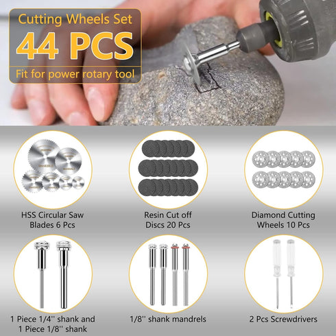 Cutting Wheel Set 44pcs for Rotary Tool, Diamond Cutting Wheels 10pcs and Resin Cutting Off Wheels 20pcs with Mandrels, HSS Circular Saw Blades 6p...