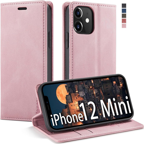 japezop iPhone 12 Mini Flip Case, Pink Leather, RFID Blocking, Card Holder, Slim Fit, Wireless Charging Compatible, 5.4 Inch...