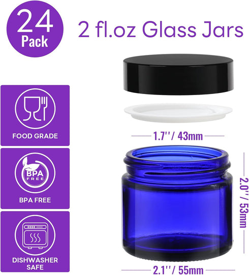 EkkoVla 24 Pack 2 oz Round Blue Glass Cosmetic Jars with Inner Liners and Black Lids, 60ml Small Travel Jars, Empty Refillable Containers for Samp...
