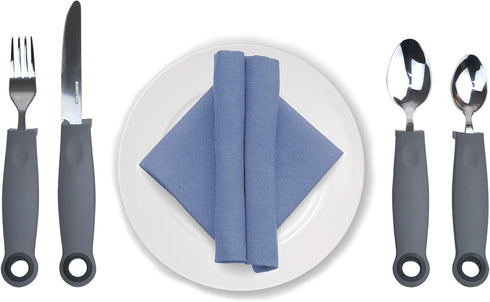 KMD Adaptive Utensils Set with Weighted and Self-Standing Handles (4-Piece), Fork, Knife, and 2 Spoons for Arthritis, Parkinson’s, Tremors, Elderl...