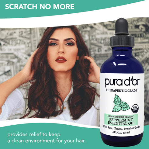 PURA D'OR ORGANIC Peppermint Essential Oil (4oz with Glass Dropper) 100% Pure & Natural Therapeutic Grade - Hair, Body, Skin, Aromatherapy Diffuse...