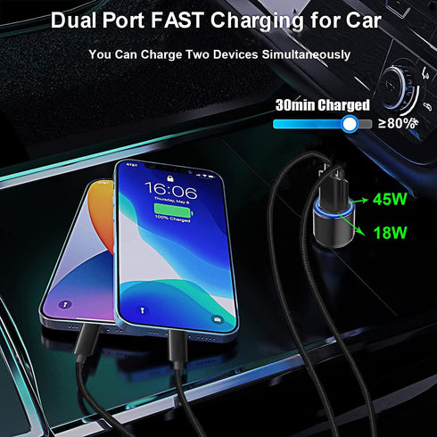 63W Super Fast Car Charger and Cable for Galaxy S23 S22 S24 Plus Ultra/S21 S20 FE,A54 A23 A53 A14 A13 A55 A15 A25,Z Fold 4 5/Z FILP,2-Port (USB C ...