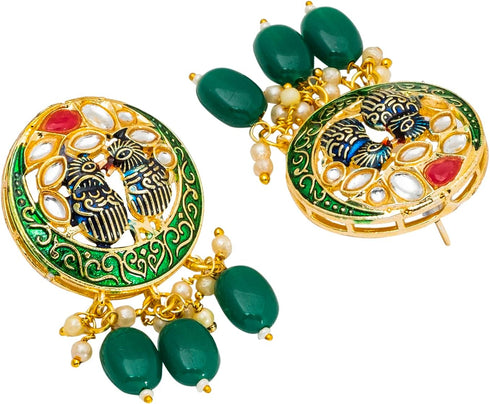 Traditional Indian Gold Plated Green Meenakari, CZ & Multilayer Pearls Adjustable Dori Long Pendant Necklace with Matching Earrings Jewellery/Jewe...