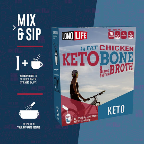 LonoLife Keto Chicken Bone Broth Powder Mix | 10g Protein | Collagen-Rich, Keto & Paleo Friendly | Natural Ingredients | 10 Portable Stick Pack Se...