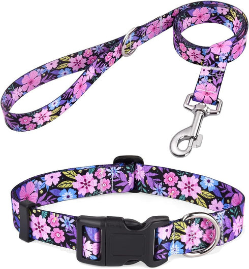 Dog Collar and Leash Set with Bohemia Floral Tribal Geometric Patterns - Soft Ethnic Style Collar Adjustable for Small Medium Large Dogs(Pink Flor...