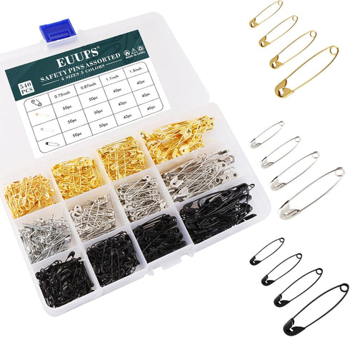 540PCS Safety Pins Silver Black Gold, 4 Sizes Safety Pins Assorted for Clothes Art Craft Sewing Jewelry Making Home Office Use with Storage Box...