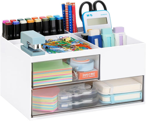 LETURE Office Desk Organizer with 2 Drawers and 4 Compartments, Plastic Desktop Stationary Organizer Storage, Pen/Pencil/Business Card/Sticky Note...