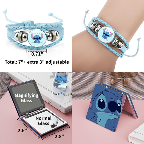 Blue Travel Cosmetic Makeup Bag Sets Include Double Sided Cosmetic Mirror, Hair Brush, PU Travel Toilet Bag, Woven Braclece and 50 Stickers, Makeu...
