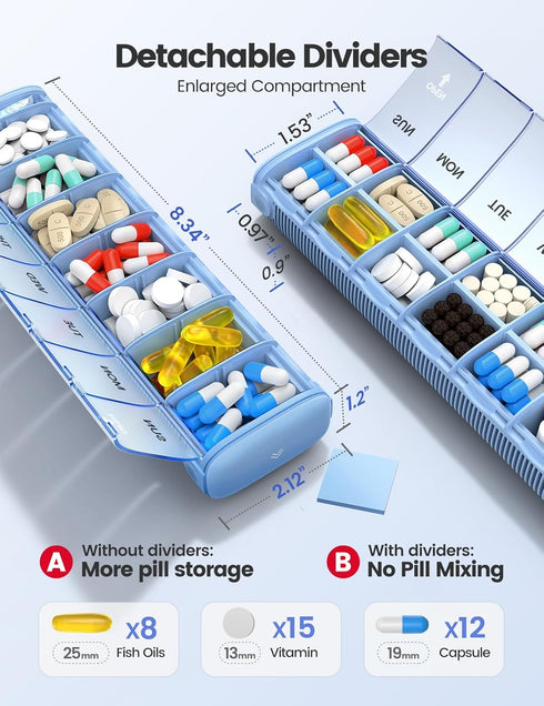 Vaydeer Metal Travel Pill Organizer (Support 2 Times a Day), 7 Day Weekly Pill Box, Large Capacity Daily Cute Pill Case for Supplements, Pills, Vi...