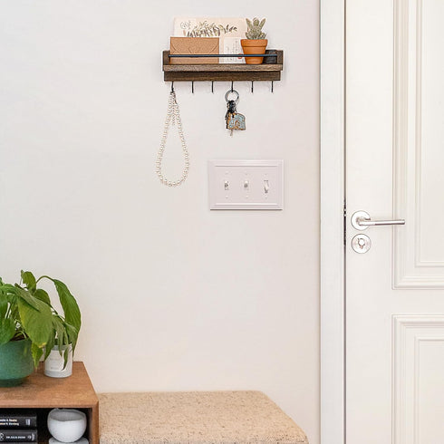 Mkono Key Holder for Wall 9.5" x 3.5" x 2.5" Small Rustic Wood Key Rack with 6 Hooks Decorative Display Keys Hanger Organizer for Entryway Living ...
