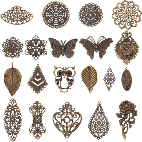 PH PandaHall 120pcs Filigree Metal Embellishments 19 Style Filigree Connectors Charms Antique Bronze Flower Animal Pendants for Steampunk Mixed Me...