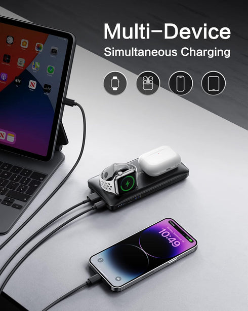 VRURC Wireless Portable Charger, 10000mAh Magnetic Power Bank, 3 in 1 Charger, 22.5W Fast Charing Battery Pack, 3 inputs 4 outputs Compatible with...