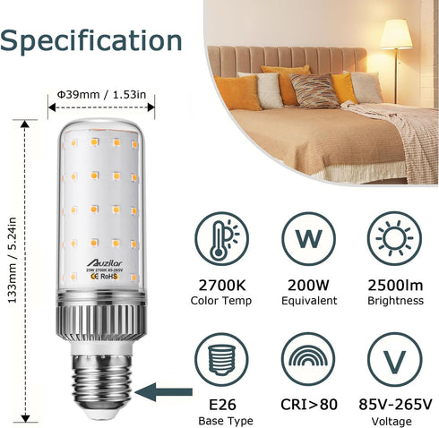 E26 LED Bulb,25W LED Corn Light Bulb 200W Equivalent 2700K Warm White 2500LM Non-dimmable Flicker Free Ceiling Fan LED Corn Bulb for Indoor Outdoo...