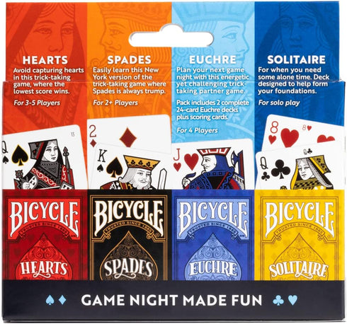 Bicycle 4 Playing Card Games in 1: Euchre, Hearts, Spades, and Solitaire (4 Card Game Pack)...